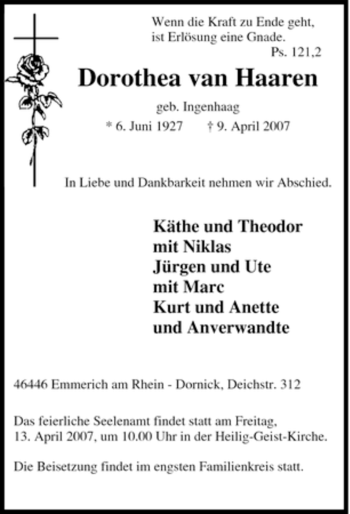 Traueranzeige von Dorothea van Haaren von Tageszeitung
