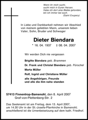 Traueranzeige von Dieter Biendara von Tageszeitung