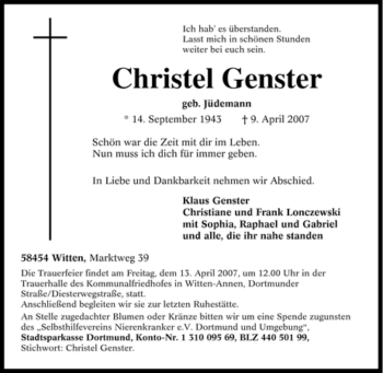 Traueranzeige von Christel Genster von Tageszeitung