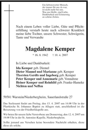 Traueranzeige von Magdalene Kemper von Tageszeitung