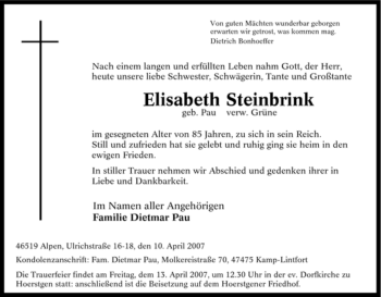 Traueranzeige von Elisabeth Steinbrink von Tageszeitung