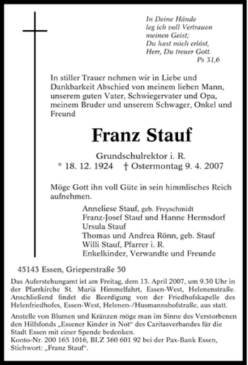 Traueranzeige von Franz Stauf von Tageszeitung