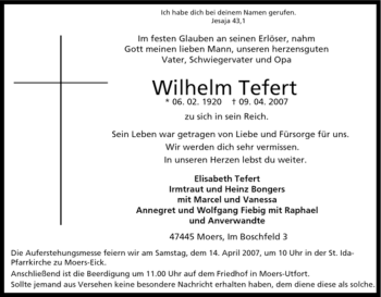 Traueranzeige von Wilhelm Tefert von Tageszeitung