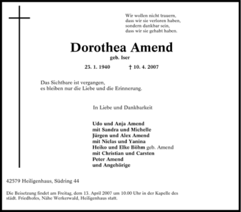 Traueranzeige von Dorothea Amend von Tageszeitung