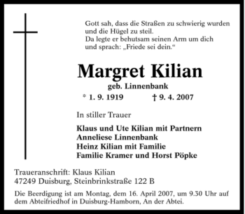 Traueranzeige von Margret Kilian von Tageszeitung