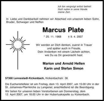Traueranzeige von Marcus Plate von Tageszeitung