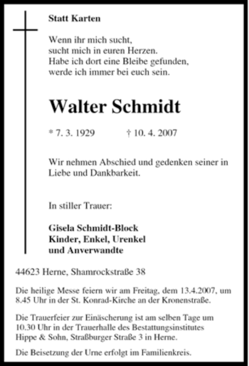 Traueranzeige von Walter Schmidt von Tageszeitung