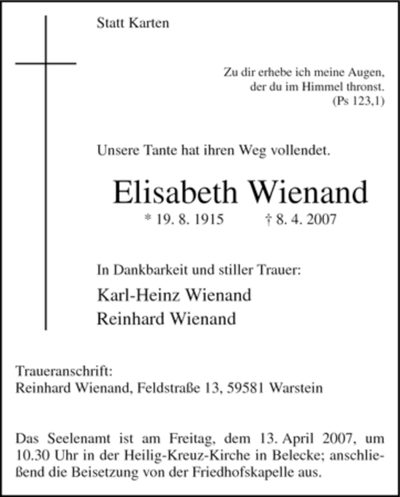 Traueranzeige für Elisabeth Wienand vom 11.04.2007 aus Tageszeitung