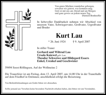 Traueranzeige von Kurt Lau von Tageszeitung