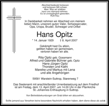 Traueranzeige von Hans Opitz von Tageszeitung