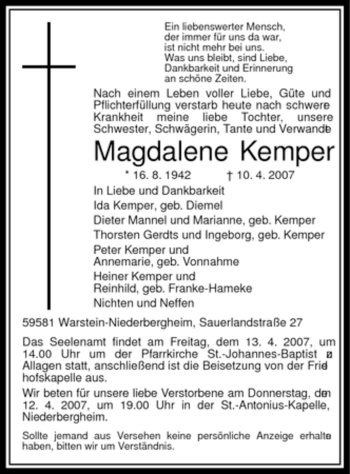 Traueranzeige von Magdalene Kemper von Tageszeitung