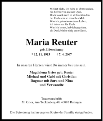 Traueranzeige von Maria Reuter von Tageszeitung