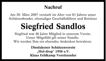 Traueranzeige von Siegfried Sandlos von Tageszeitung