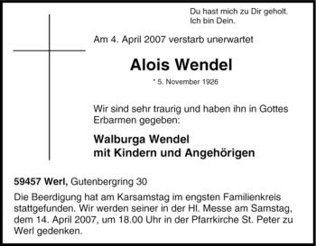 Traueranzeige von Alois Wendel von Tageszeitung