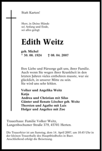 Traueranzeige von Edith Weitz von Tageszeitung