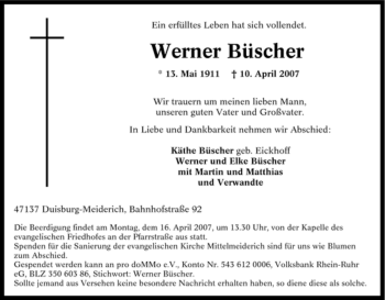 Traueranzeige von Werner Büscher von Tageszeitung