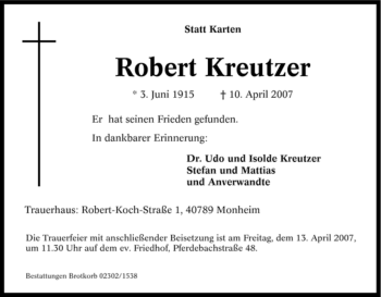 Traueranzeige von Robert Kreutzer von Tageszeitung