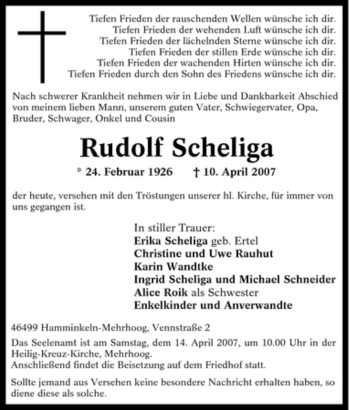 Traueranzeige von Rudolf Scheliga von Tageszeitung