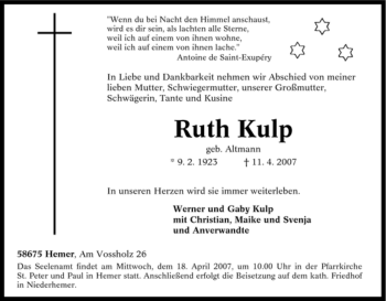 Traueranzeige von Ruth Kulp von Tageszeitung