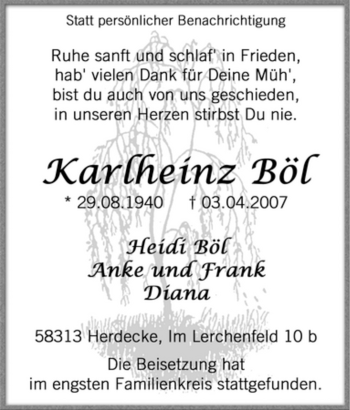 Traueranzeige von Karlheinz Böl von Tageszeitung