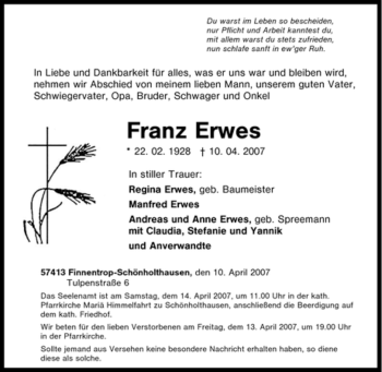 Traueranzeige von Franz Erwes von Tageszeitung
