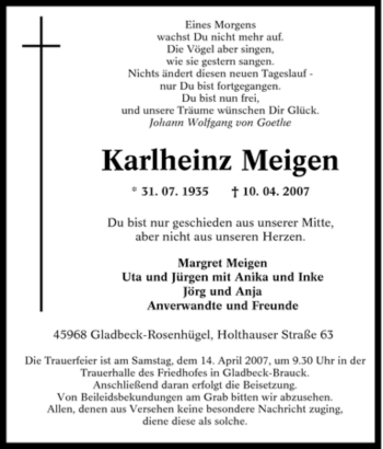 Traueranzeige von Karlheinz Meigen von Tageszeitung