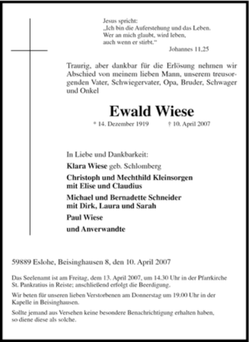 Traueranzeige von Ewald Wiese von Tageszeitung