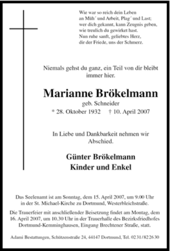 Traueranzeige von Marianne Brökelmann von Tageszeitung