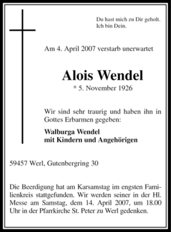 Traueranzeige von Alois Wendel von Tageszeitung