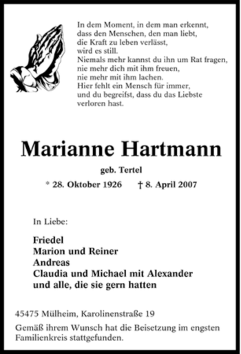 Traueranzeige von Marianne Hartmann von Tageszeitung