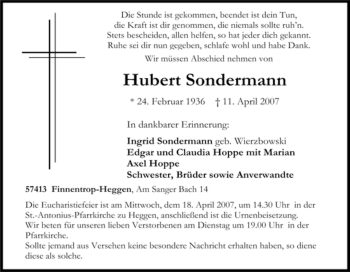 Traueranzeige von Hubert Sondermann von Tageszeitung