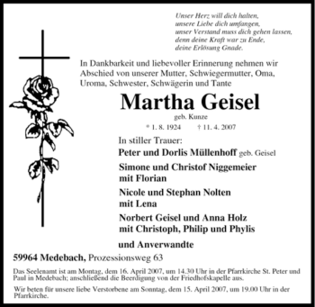 Traueranzeige von Martha Geisel von Tageszeitung