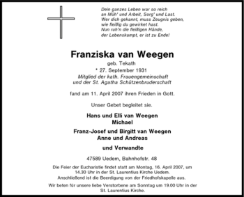 Traueranzeige von Franziska van Weegen von Tageszeitung