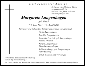 Traueranzeige von Margarete Langenhagen von Tageszeitung