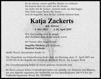 Traueranzeige von Katja Zackerts von Tageszeitung