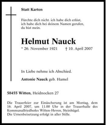 Traueranzeige von Helmut Nauck von Tageszeitung