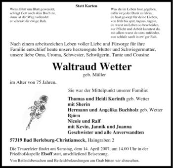 Traueranzeige von Waltraud Wetter von Tageszeitung