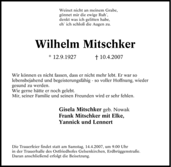 Traueranzeige von Wilhelm Mitschker von Tageszeitung