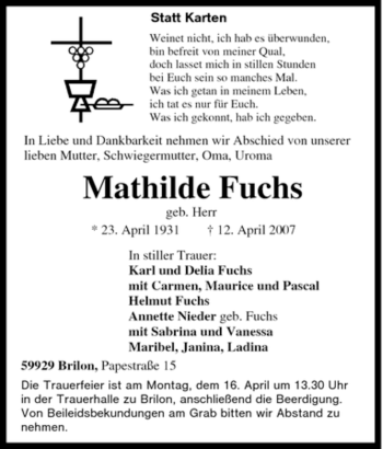 Traueranzeige von Mathilde Fuchs von Tageszeitung