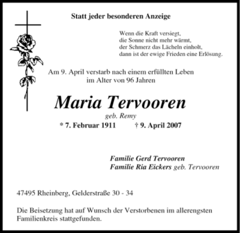 Traueranzeige von Maria Tervooren von Tageszeitung