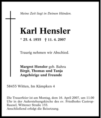 Traueranzeige von Karl Hensler von Tageszeitung
