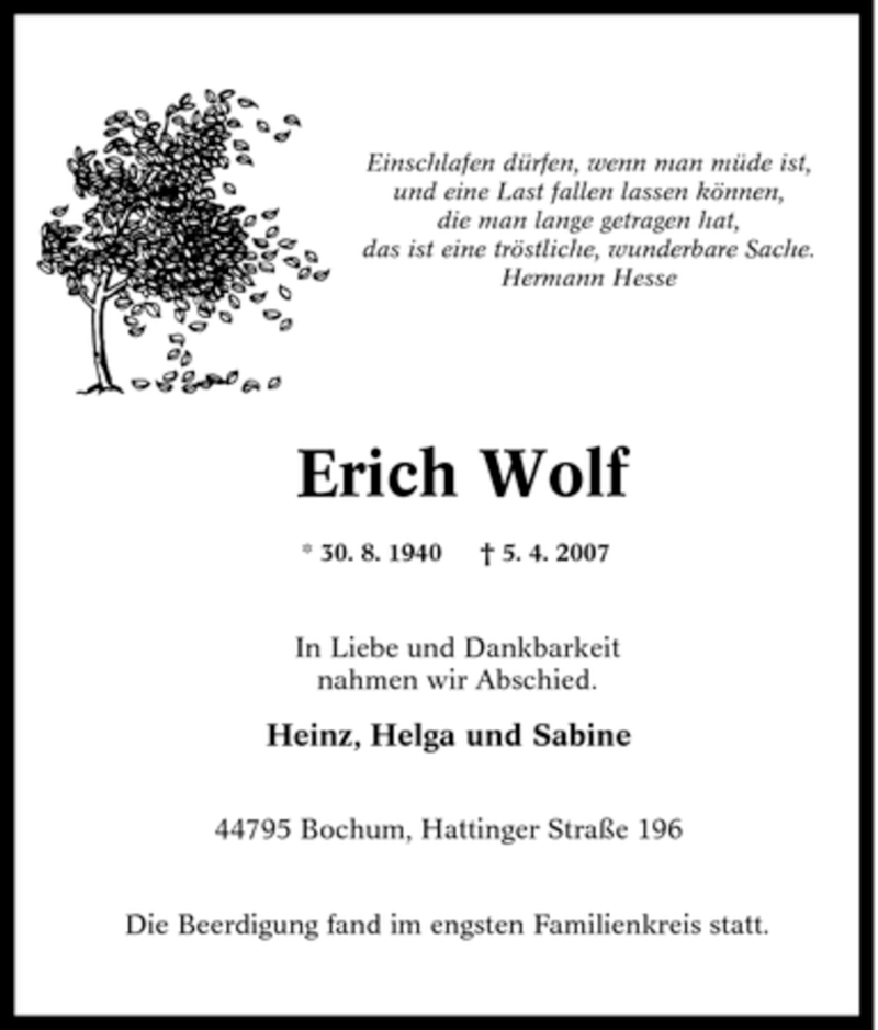Traueranzeigen von Erich Wolf TrauerinNRW.de