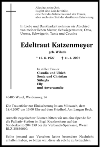 Traueranzeige von Edeltraut Katzenmeyer von Tageszeitung