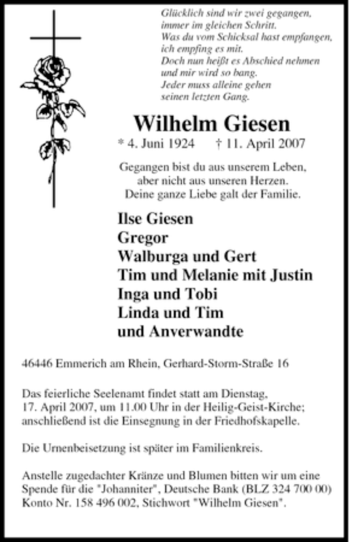 Traueranzeige von Wilhelm Giesen von Tageszeitung