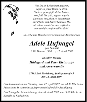 Traueranzeige von Adele Hufnagel von Tageszeitung