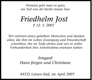 Traueranzeige von Friedhelm Jost von Tageszeitung