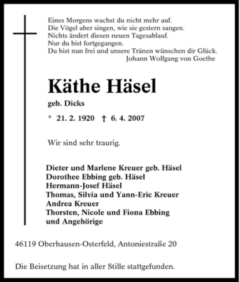  Traueranzeige für Käthe Häsel vom 14.04.2007 aus Tageszeitung
