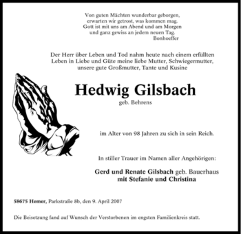 Traueranzeige von Hedwig Gilsbach von Tageszeitung
