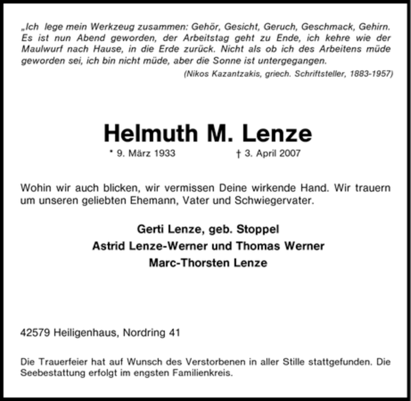  Traueranzeige für Helmuth M. Lenze vom 14.04.2007 aus Tageszeitung