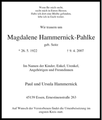 Traueranzeige von Magdalene Hammernick-Pahlke von Tageszeitung
